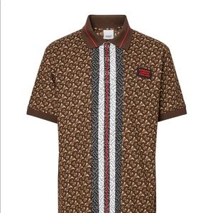 BURBERRY Monogram Stripe Print Cotton Piqué Polo Shirt Mens L